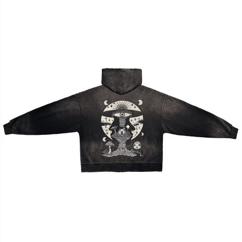 Lunar Enigma - Ultra Heavyweight Post-Apocalyptic Aesthetic Hand-Frayed Monkey Washed Zip Hoodie